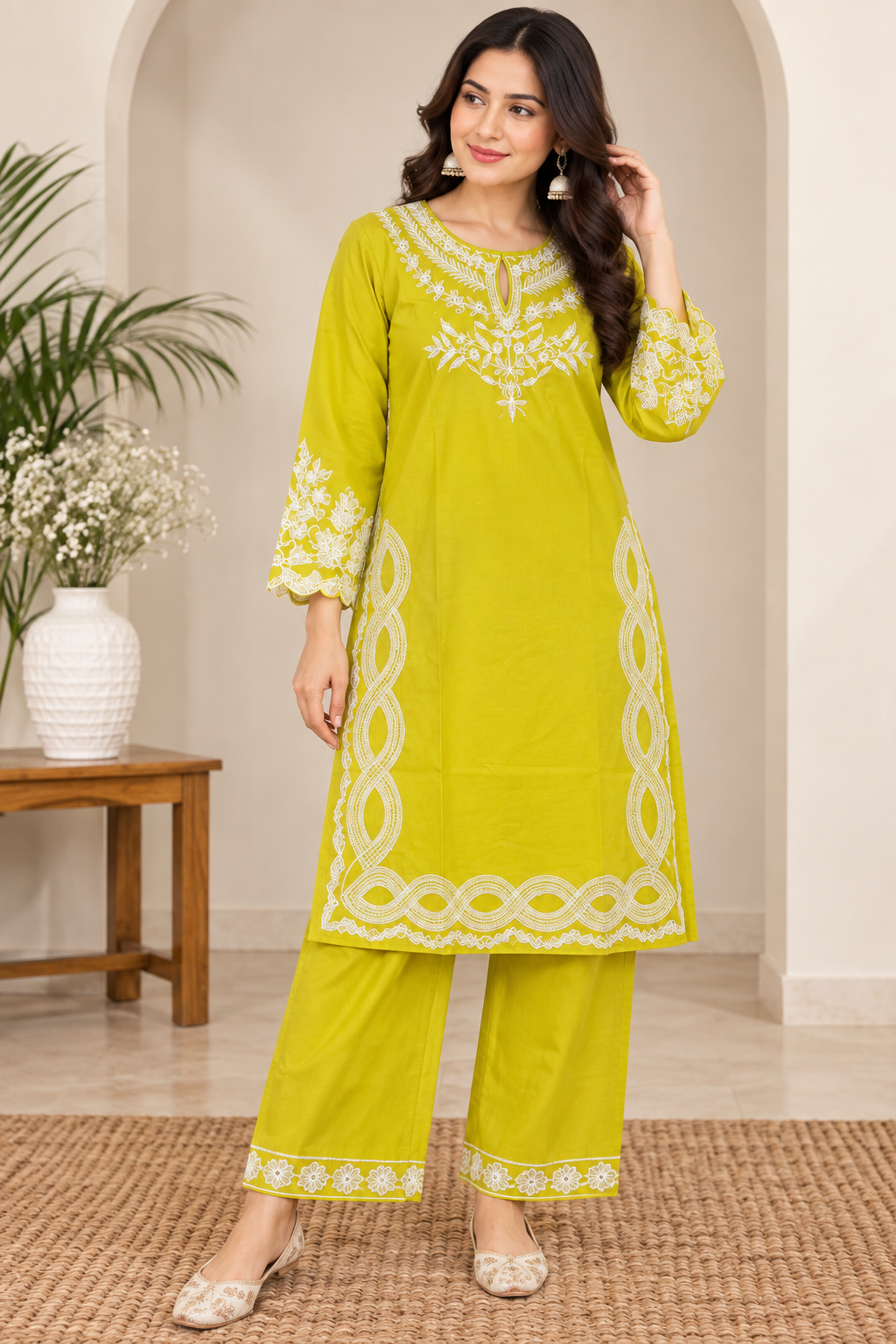 Elegant lime yellow kurta palazzo set with white cutwork embroidery