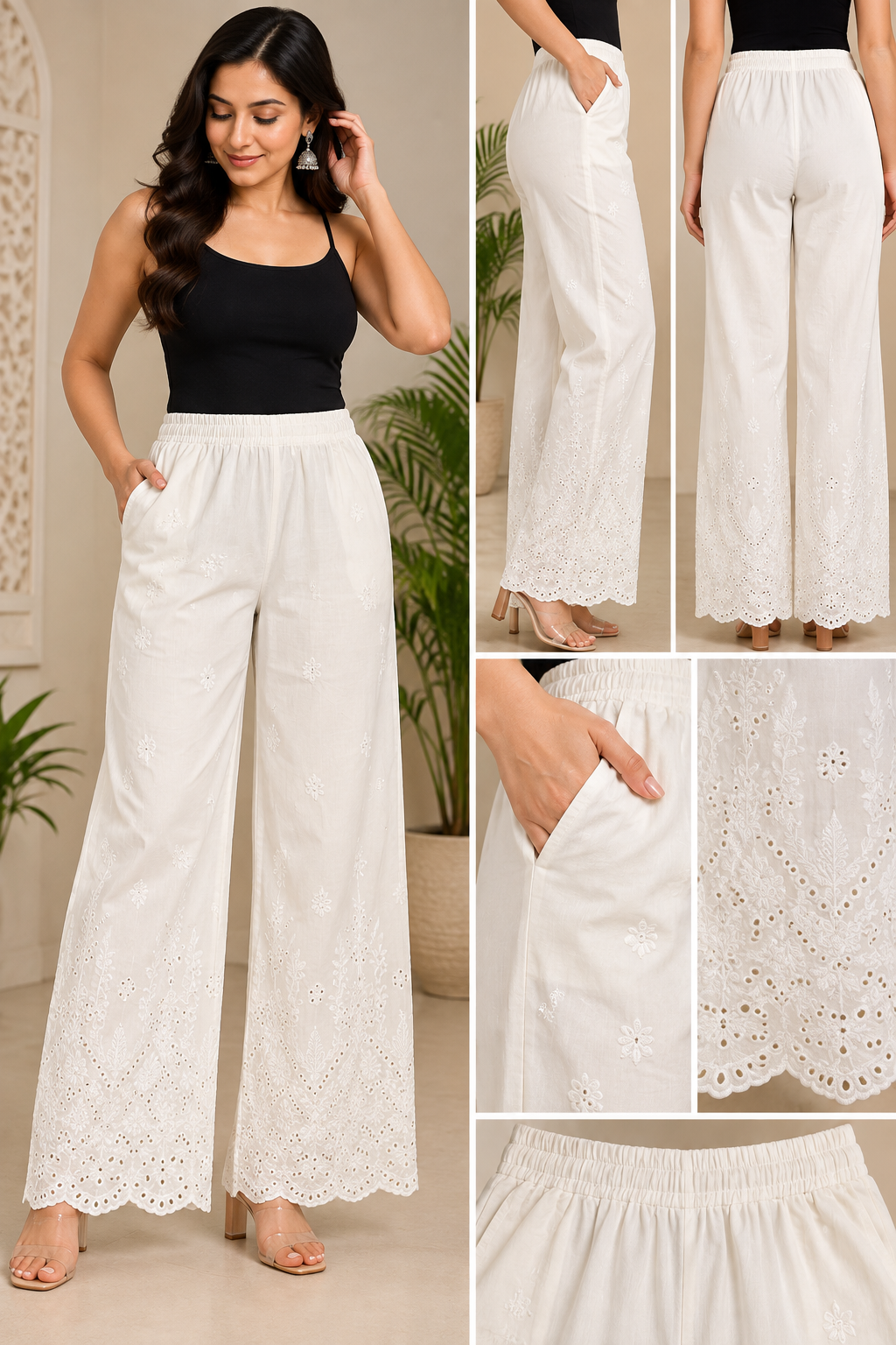 Women’s Off White Embroidered Palazzo Pants