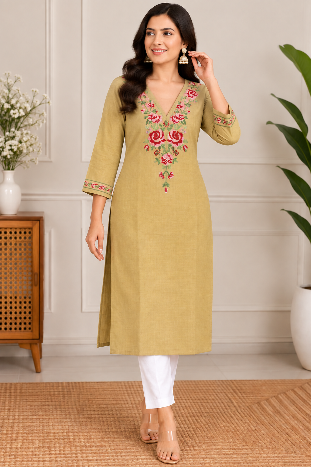 Mustard Gold Floral Embroidered Kurta 🌸