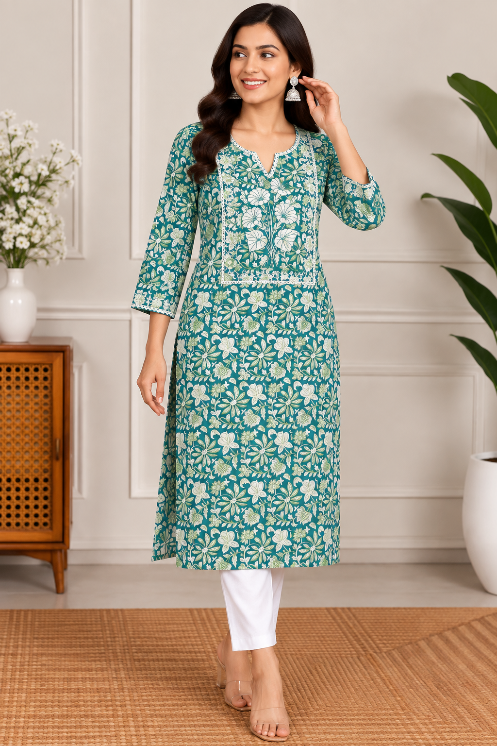 Elegant Sea Green Kurti with floral embroidery