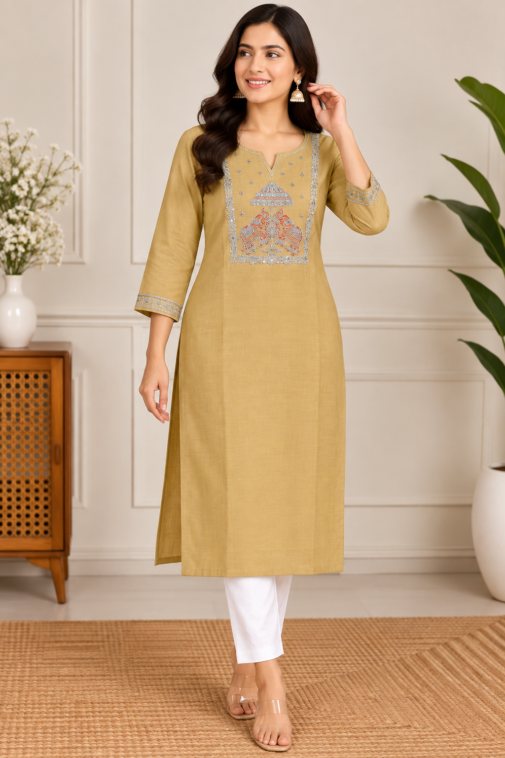 Elegant Mustard Gold Embroidered Kurti
