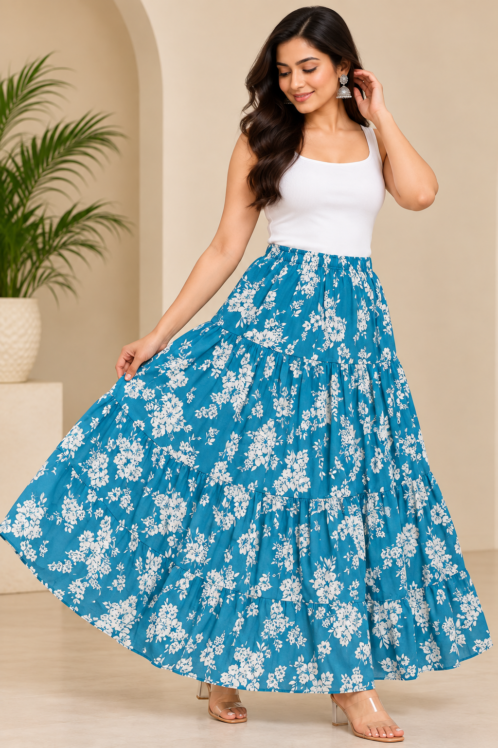 Women’s Blue Floral Tiered Maxi Skirt