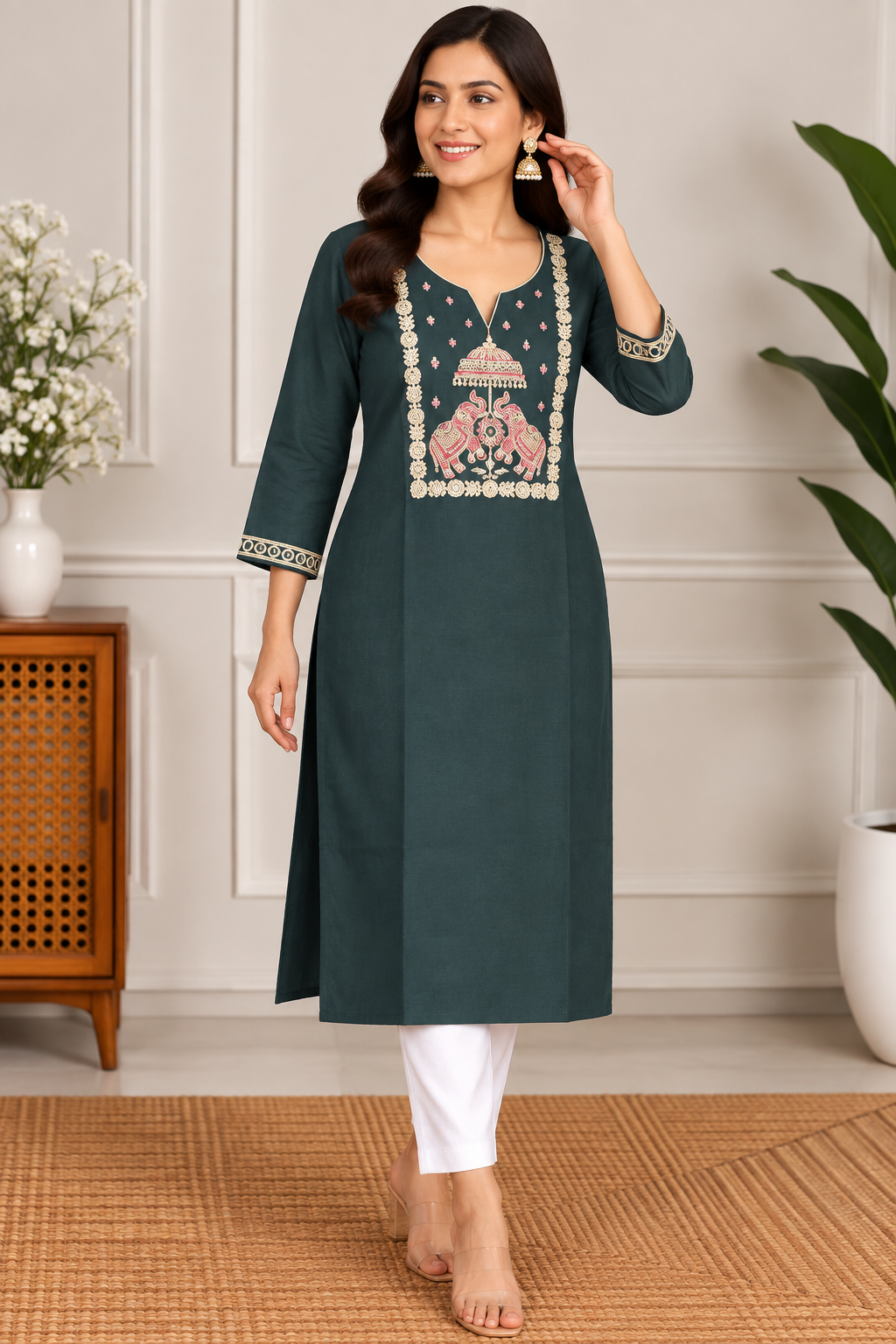 Elegant Bottle Green Embroidered Kurti