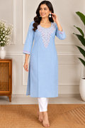 Sky Blue Floral embroidery on the front neckline
