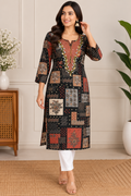 Black patchwork-inspired all-over print kurti