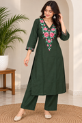 Elegant dark green embroidered kurta palazzo set