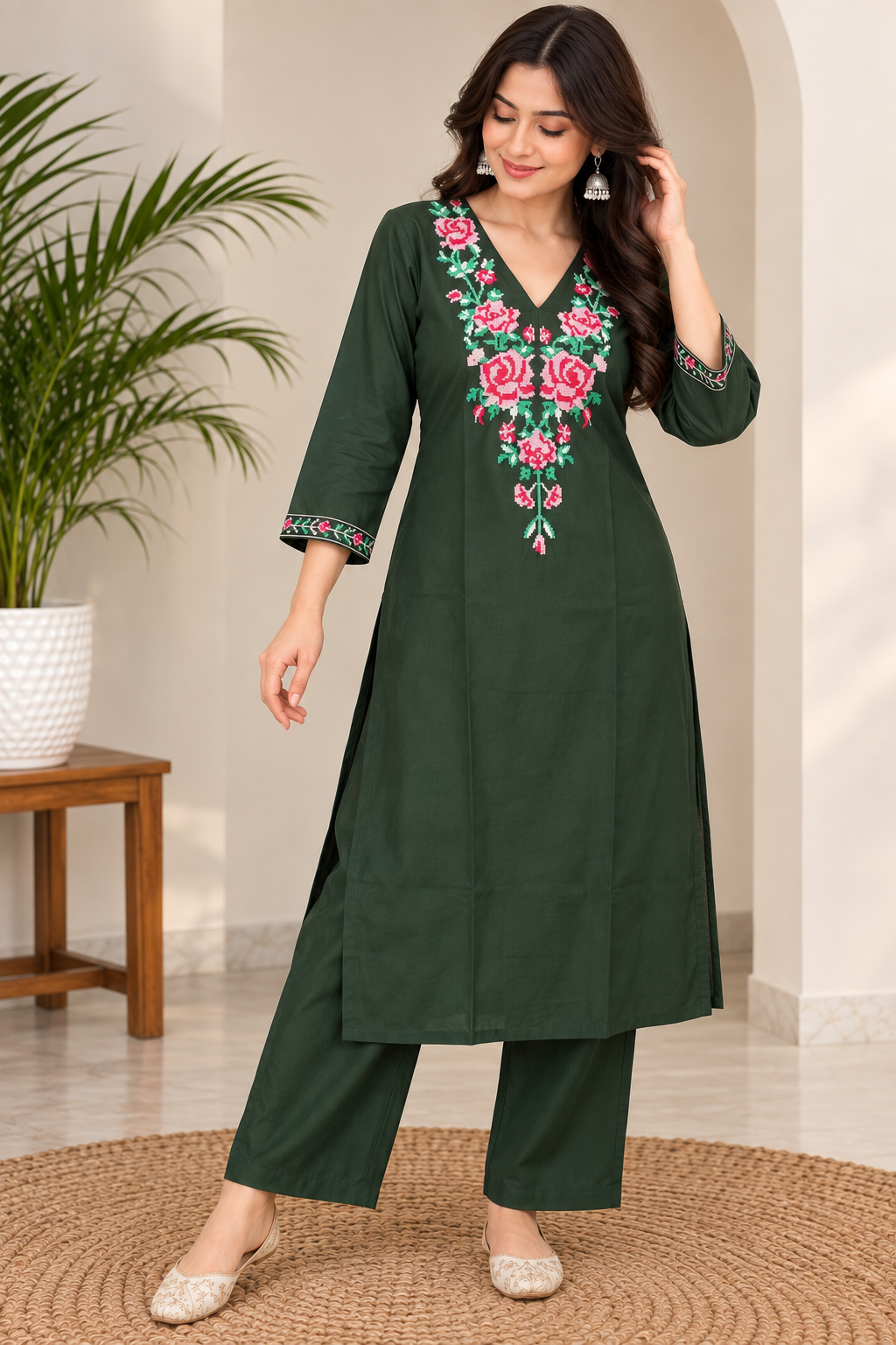 Elegant dark green embroidered kurta palazzo set