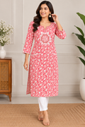 Red printed Kurti with white embroidery