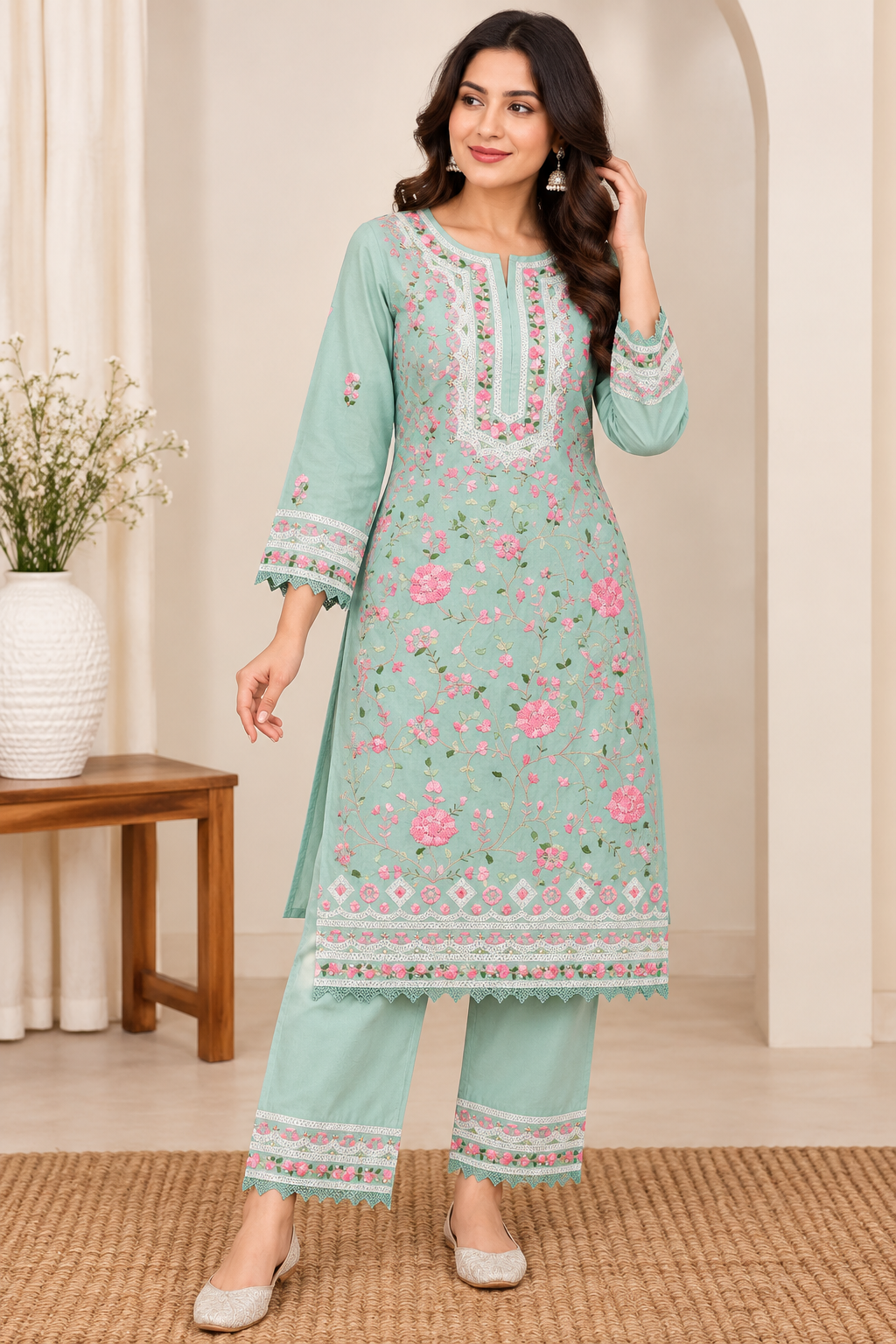 Pastel mint green embroidered kurta palazzo set