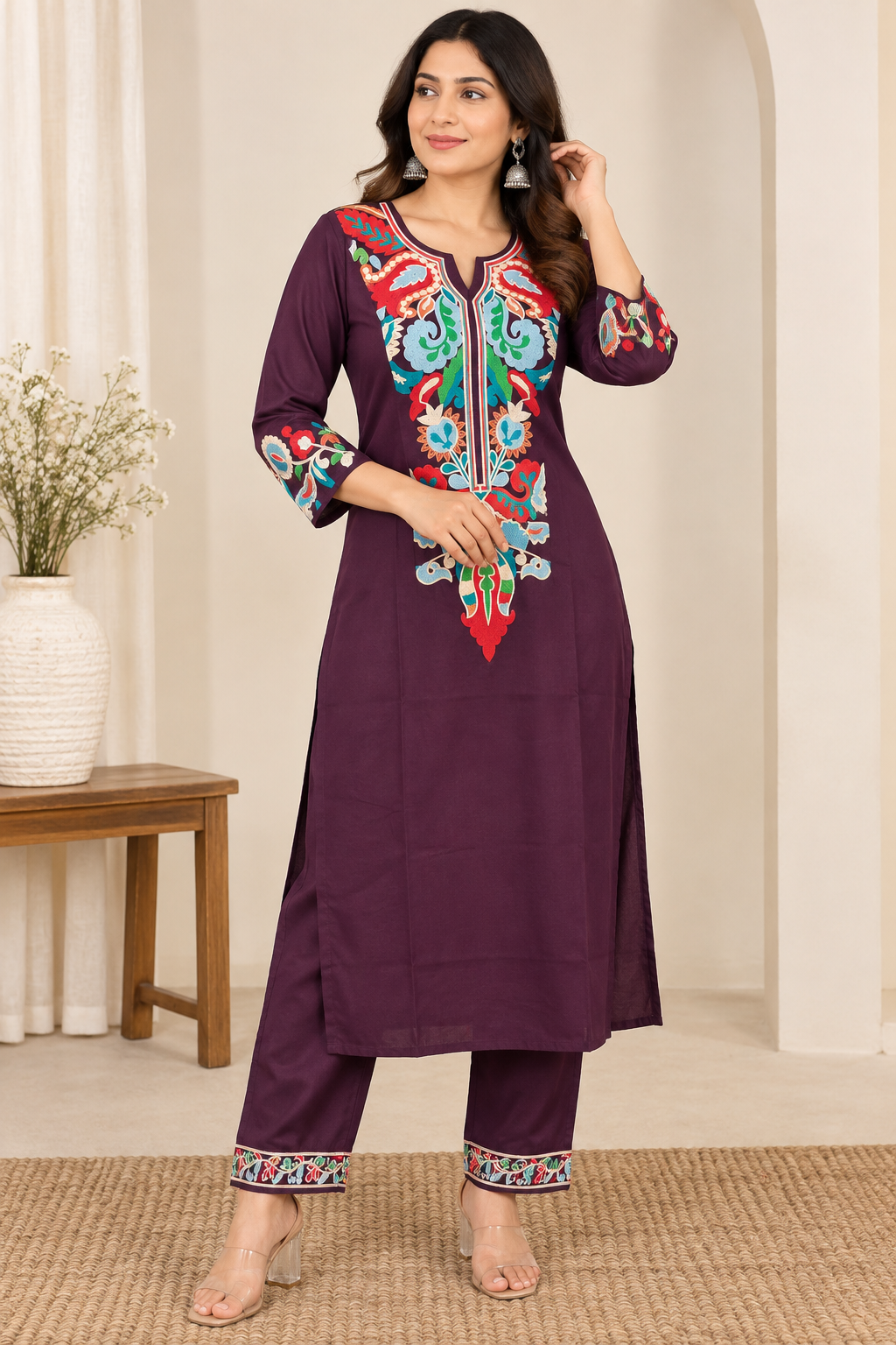 Elegant deep plum purple kurta palazzo set