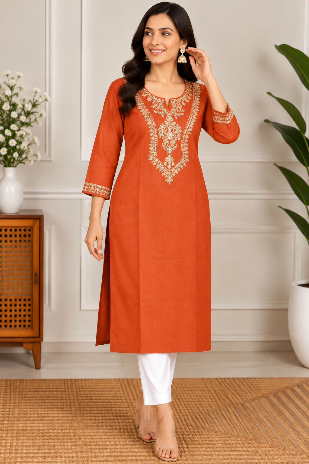 Orange Embroidered Kurti