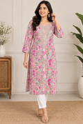 Pink Printed Kurti with neckwork
