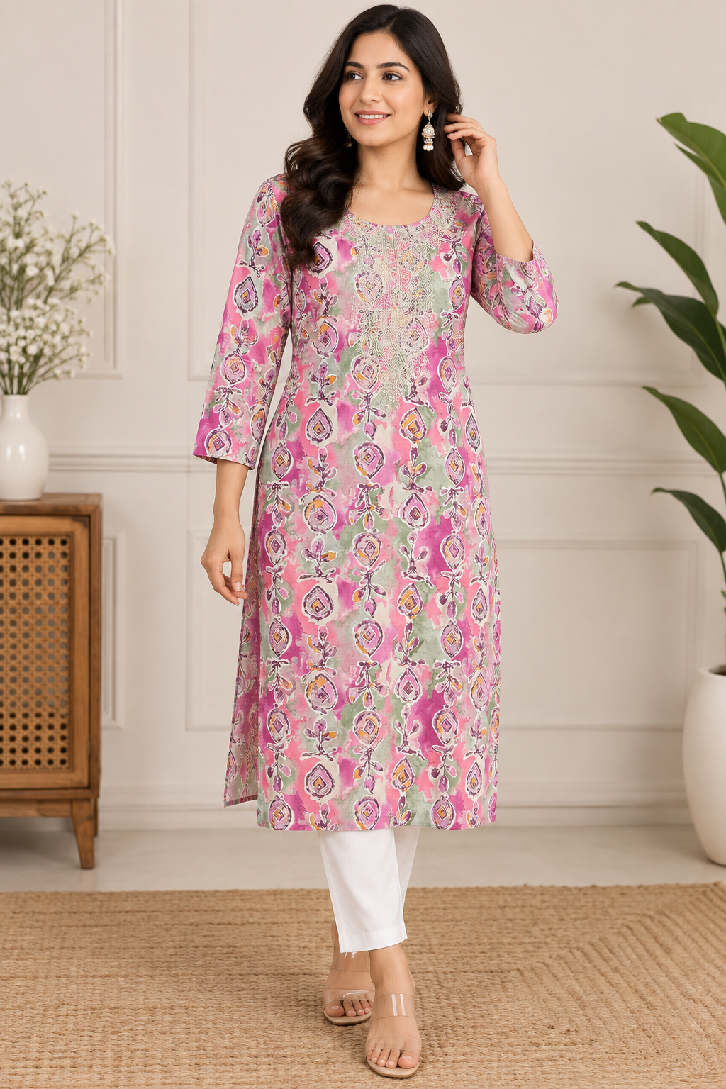 Pink Printed Kurti with neckwork