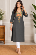 Charcoal Grey Floral Embroidered Kurta 🌸