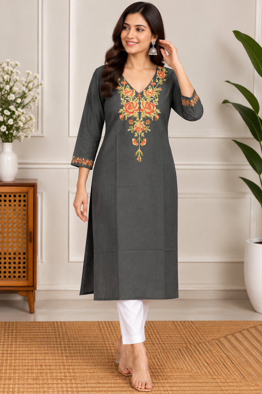 Charcoal Grey Floral Embroidered Kurta 🌸
