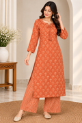 Rust Orange Printed Kurta Palazzo Set