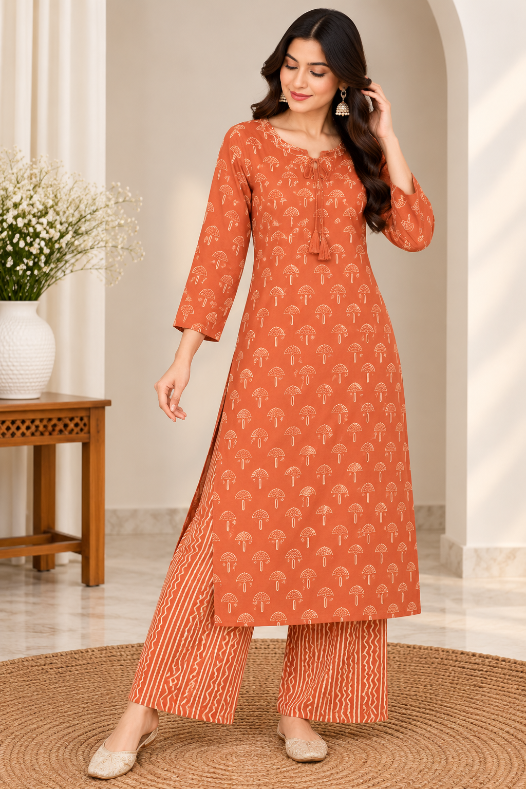 Rust Orange Printed Kurta Palazzo Set