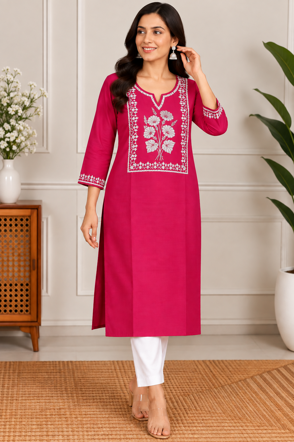 Magenta Pink Kurti with floral embroidery