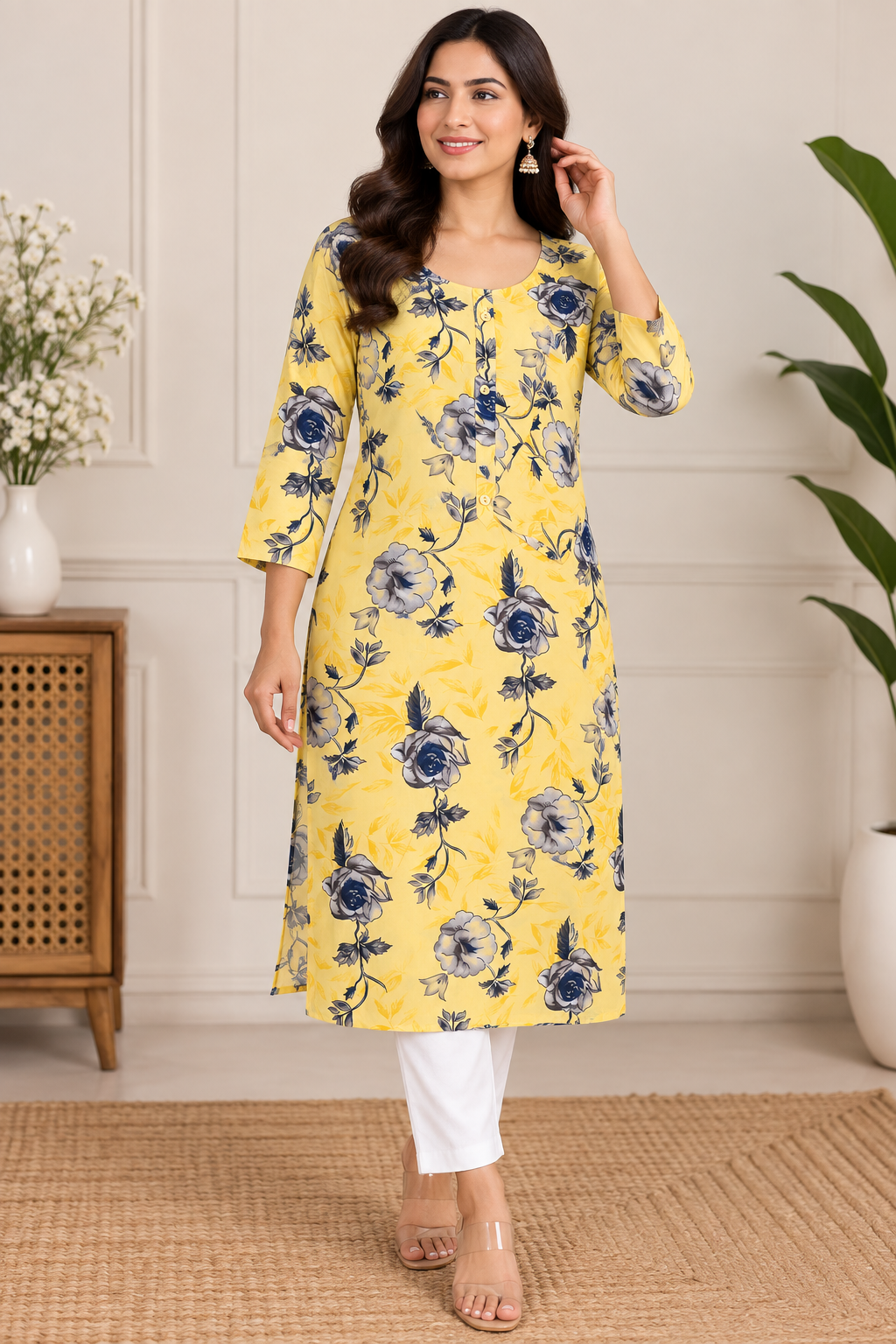 Yellow with blue floral printed Kurti